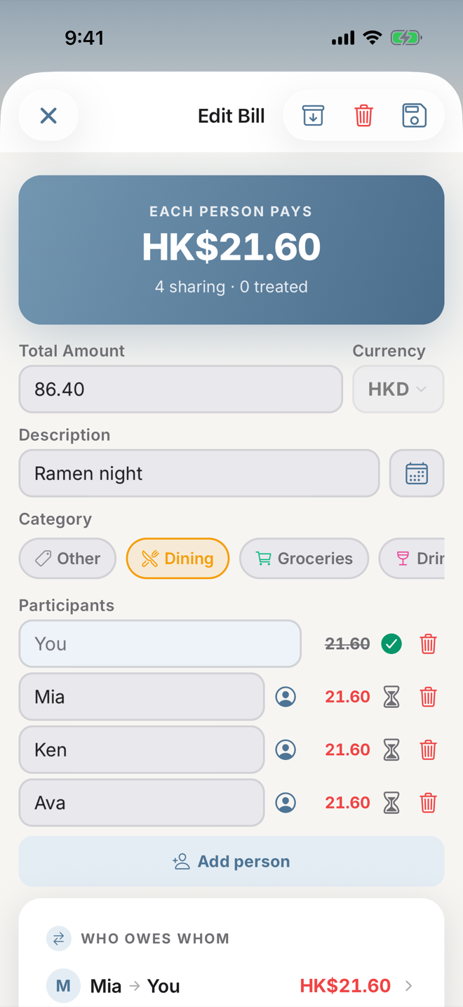 TornTab's bill form: 'Each person pays HK$21.60' in large type, the total, description and category fields, four named participants with their shares, and the start of the who-owes-whom list.