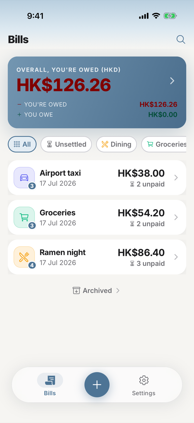 TornTab's home screen: a running total of what you're owed, filter chips, and three bills — Airport taxi, Groceries, and Ramen night — each showing its amount and how many people still owe.